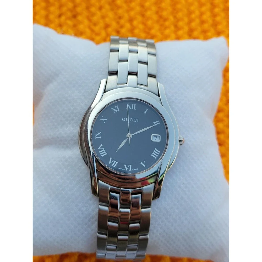 Gucci 5500M Black Stainless Steel Watch Swiss Quartz Roman Numeral Lrge Bracelet